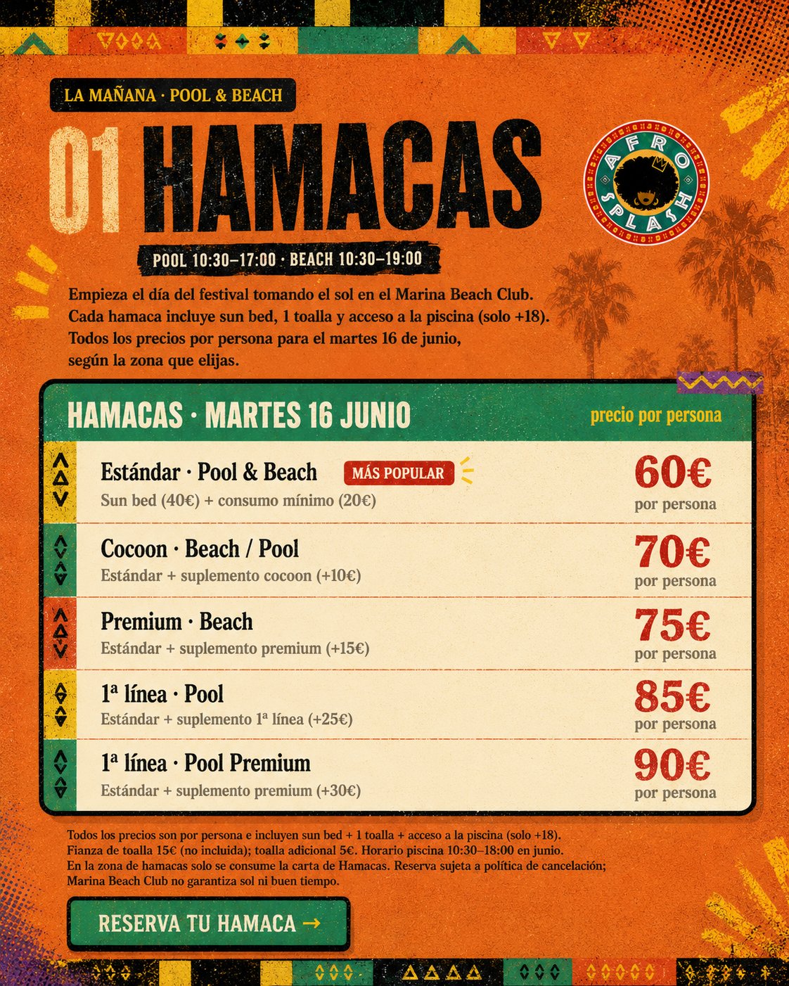 Hamacas · Martes 16 Junio · precios por persona