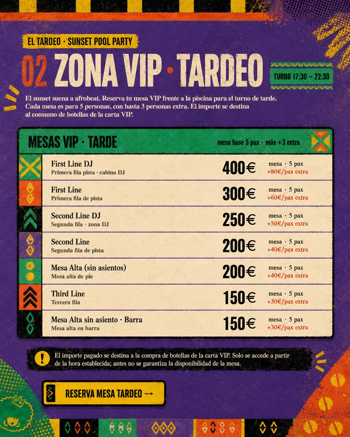 Zona VIP Tardeo · turno 17:30 a 22:30 · precios de mesas